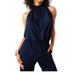 Style 1-1450255798-70 RIPLEY RADER Blue Size 0 1-1450255798-70 Halter Floor Length Pockets Navy Jumpsuit Dress on Queenly