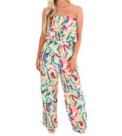 Style 1-1456089926-149 SHE + SKY Green Size 12 Print Strapless Ruffles Jumpsuit Dress on Queenly