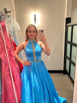 Sherri Hill Blue Size 0 Floor Length Halter Ball gown on Queenly