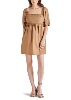 Style 1-2406360126-149 STEVE MADDEN Brown Size 12 Sleeves Mini Square Neck Summer Cocktail Dress on Queenly