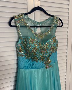 Kiss Kiss Formal Blue Size 10 Turquoise Military Floor Length Straight Dress on Queenly