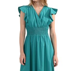 Style 1-3530325378-74 MOLLY BRACKEN Green Size 4 Emerald Ruffles V Neck Straight Dress on Queenly