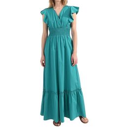 Style 1-3530325378-74 MOLLY BRACKEN Green Size 4 Emerald Ruffles V Neck Straight Dress on Queenly