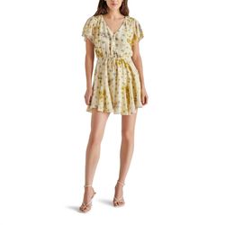 Style 1-2526904874-74 STEVE MADDEN Yellow Size 4 Floral V Neck Sleeves 1-2526904874-74 Cocktail Dress on Queenly