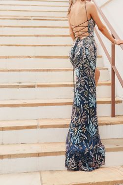 Style 70002 Rachel Allan Multicolor Size 00 Floor Length Pageant Navy Square Side slit Dress on Queenly