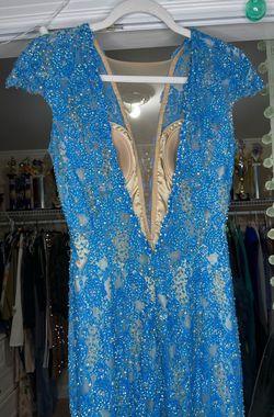 Jovani couture Blue Size 4 Cape Straight Dress on Queenly