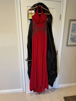 Jovani Red Size 6 Floor Length Jersey Plunge Side slit Dress on Queenly