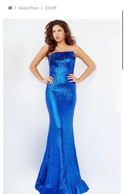 Style 23199 Jovani Blue Size 10 Strapless Wedding Guest Mermaid Dress on Queenly