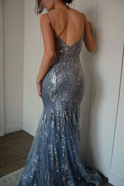 Style 3675 Jovani Silver Size 2 Sheer Jersey Plunge Sequined Mermaid Dress on Queenly