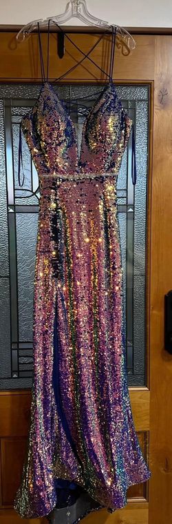 Cinderella Divine Multicolor Size 16 Prom Jersey Plunge Side slit Dress on Queenly